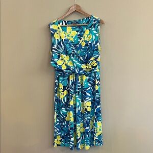 Lands' End Cross Front Tropical Floral Sleeveless Dress Size Large Tall 14/16